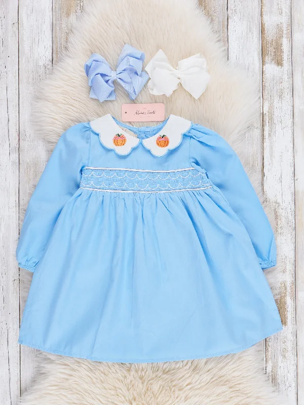 women's evening dressesBlue Smocked Pumpkin Collar Ruffle Dress