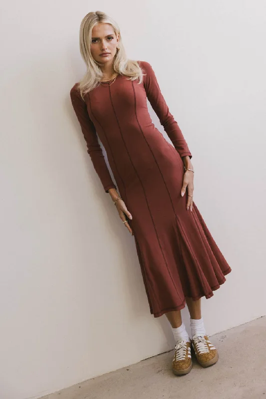 women's midi dressesFiona Ribbed Godet Dress in Rust