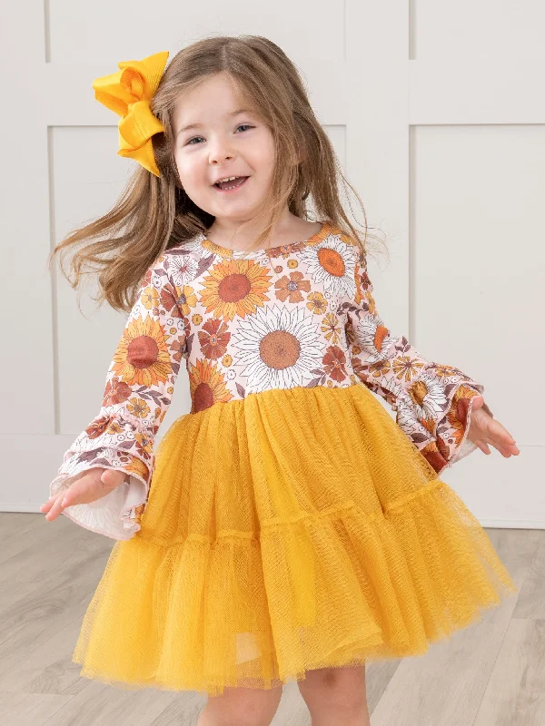 women's beach dressesGolden Sunflowers Bell Sleeve Tulle Dress