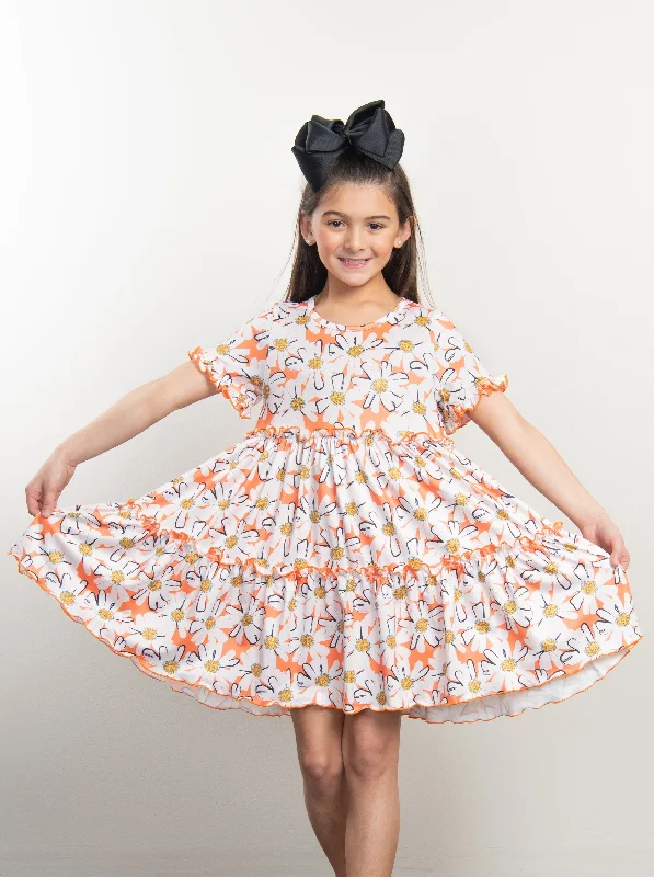 women's cinched-waist dressesOrange Daisy Tiered Ruffle Dress