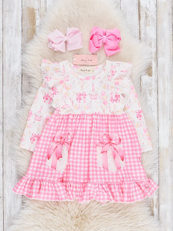 women's cotton dressesPink Gingham Birthday Gifts Ruffle Dress