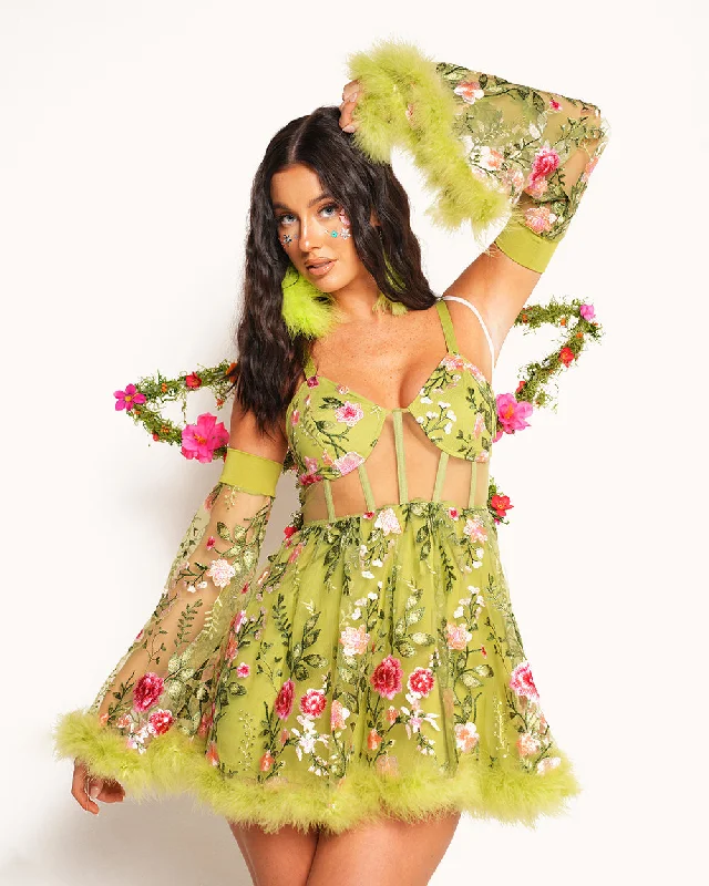 women's hourglass figure dressesWhimsical Woodland Floral Dress Set - Green/Pink