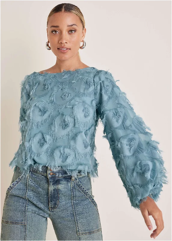 women's cocktail dressesFeathered Long Sleeve Top - Tourmaline