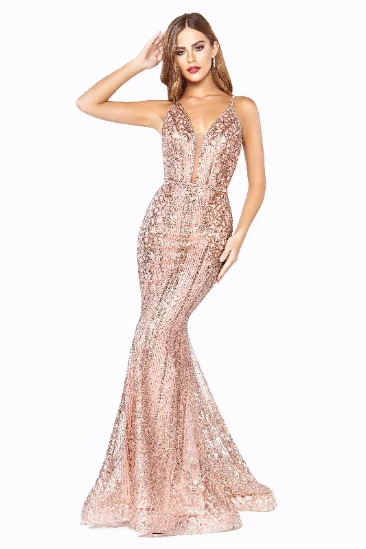 women's silk dressesCinderella Divine J8795 Long Formal Spaghetti Strap Glitter Print Prom Gown