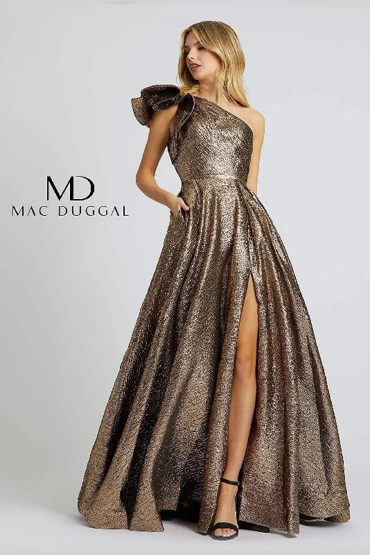 women's chiffon dressesMac Duggal Long One Shoulder Metallic Prom Ball Gown