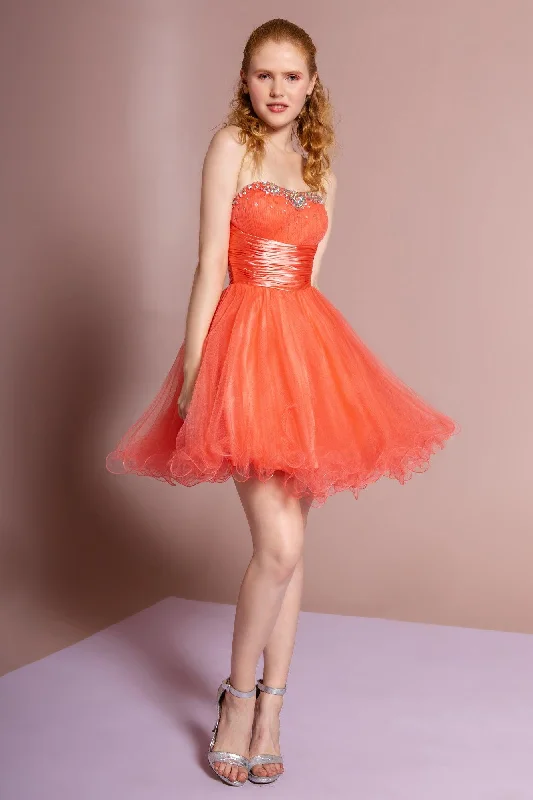 women's vacation dressesStrapless Beaded Tulle Short Prom Dress