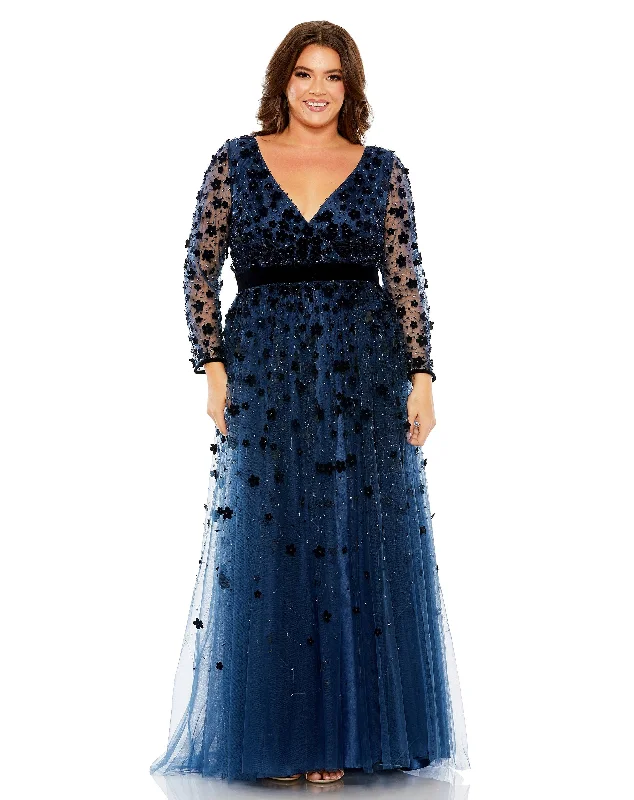 women's designer dressesMac Duggal 68440 Long Sleeve Plus Size A Line Formal Gown