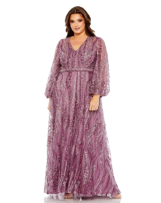 women's travel dressesMac Duggal 20472 Long Sleeve A Line Formal Plus Size Gown