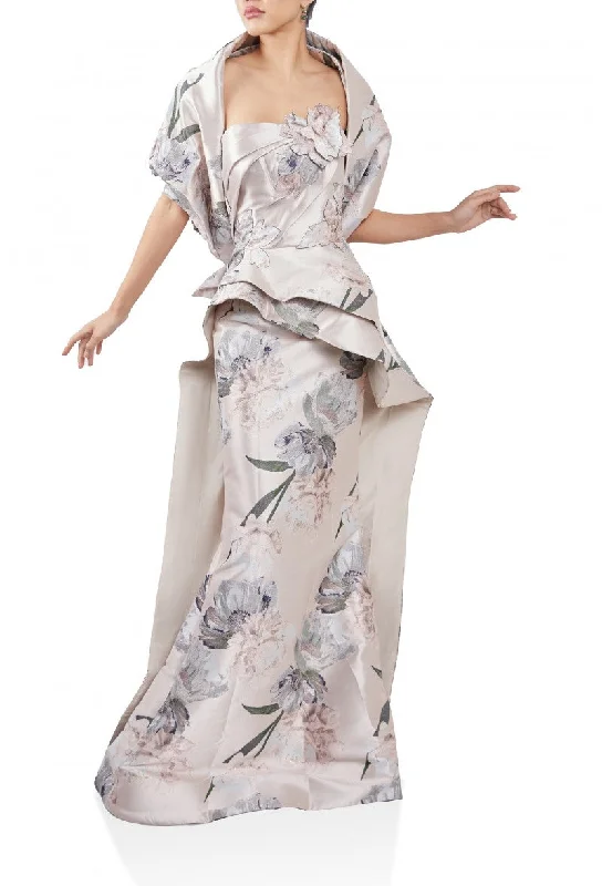 women's machine-washable dressesTerani Couture 242E3145 Printed Long Formal Removable Cape Gown