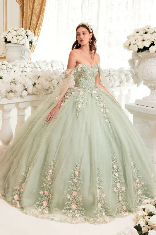 women's spaghetti strap dressesCinderella Divine 15716 Long Floral Applique Quinceanera Ball Gown