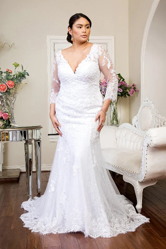 women's metallic dressesLong Sleeve Sheer Back Mesh Bridal Gown