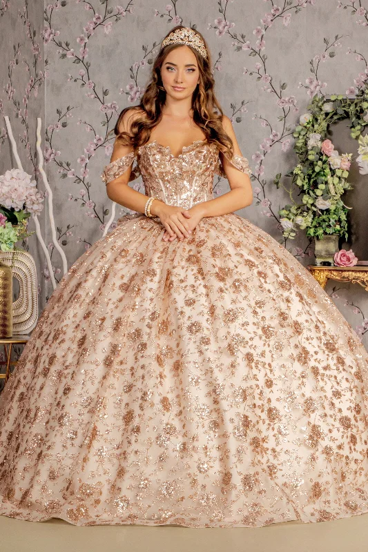 women's lace dressesLong Metallic 3D Flower Quinceanera Ball Gown