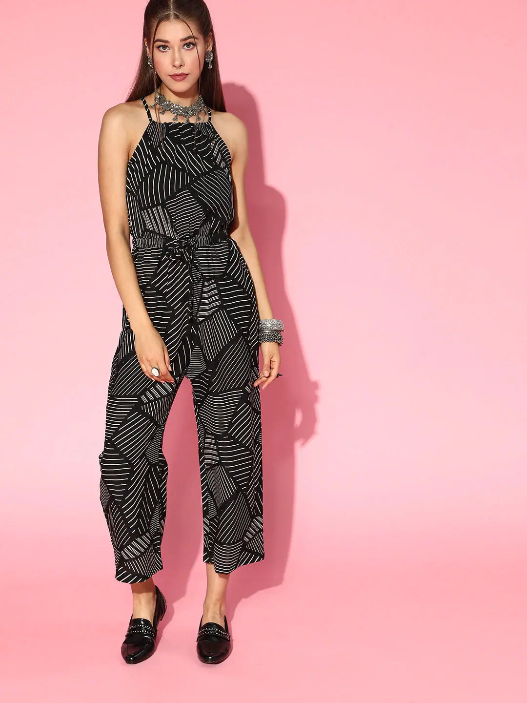 women's high-slit jumpsuitsWomen Striped Standard Black Jumpsuits & Sets