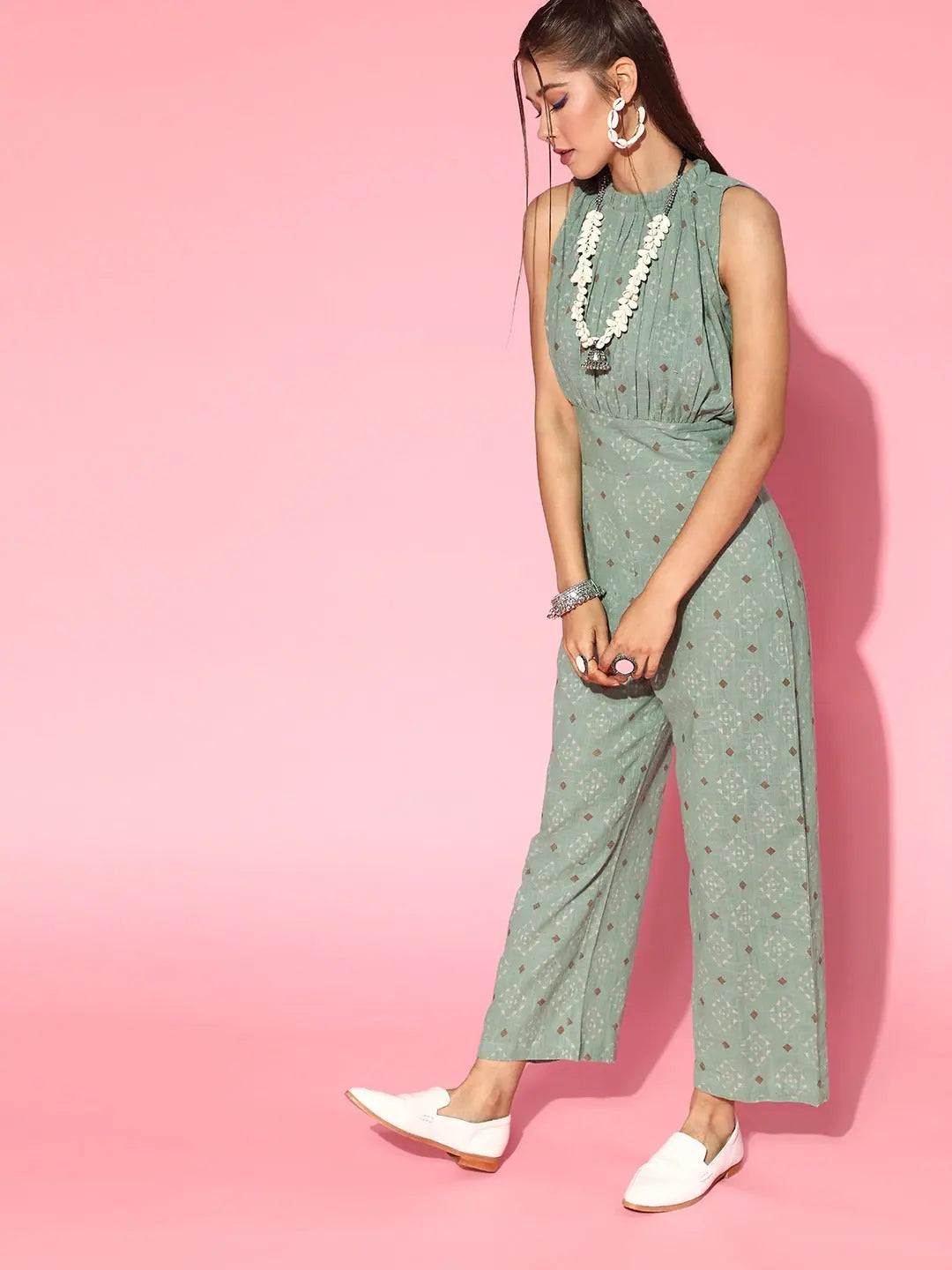 women's elegant jumpsuitsAhika Women Gorgeous Green Printed Ethnic Jumpsuit