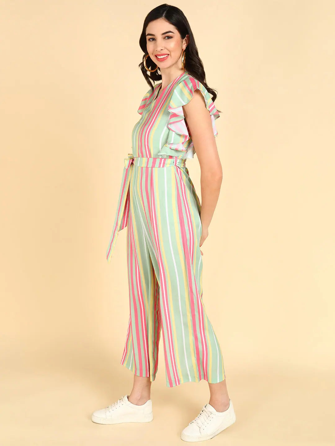 women's jumpsuits with short sleevesWomen Striped Standard Green Jumpsuits & Sets