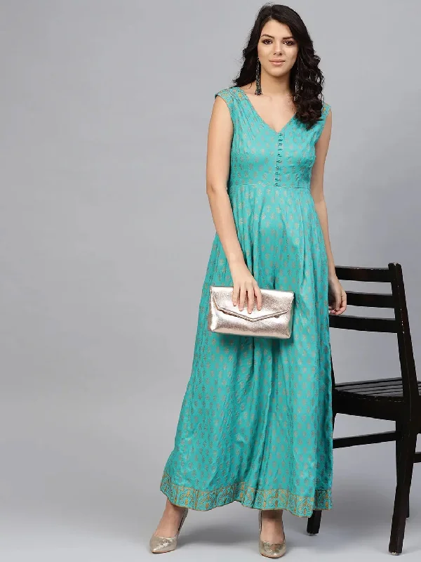 women's dressy jumpsuitsFront loops with flare pleated pants printed jumpsuit in Mint Blue