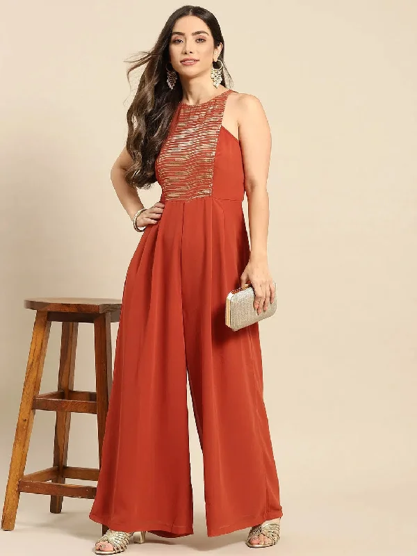 women's jumpsuits with V-necksWomen Solid Standard Rust Jumpsuits & Sets