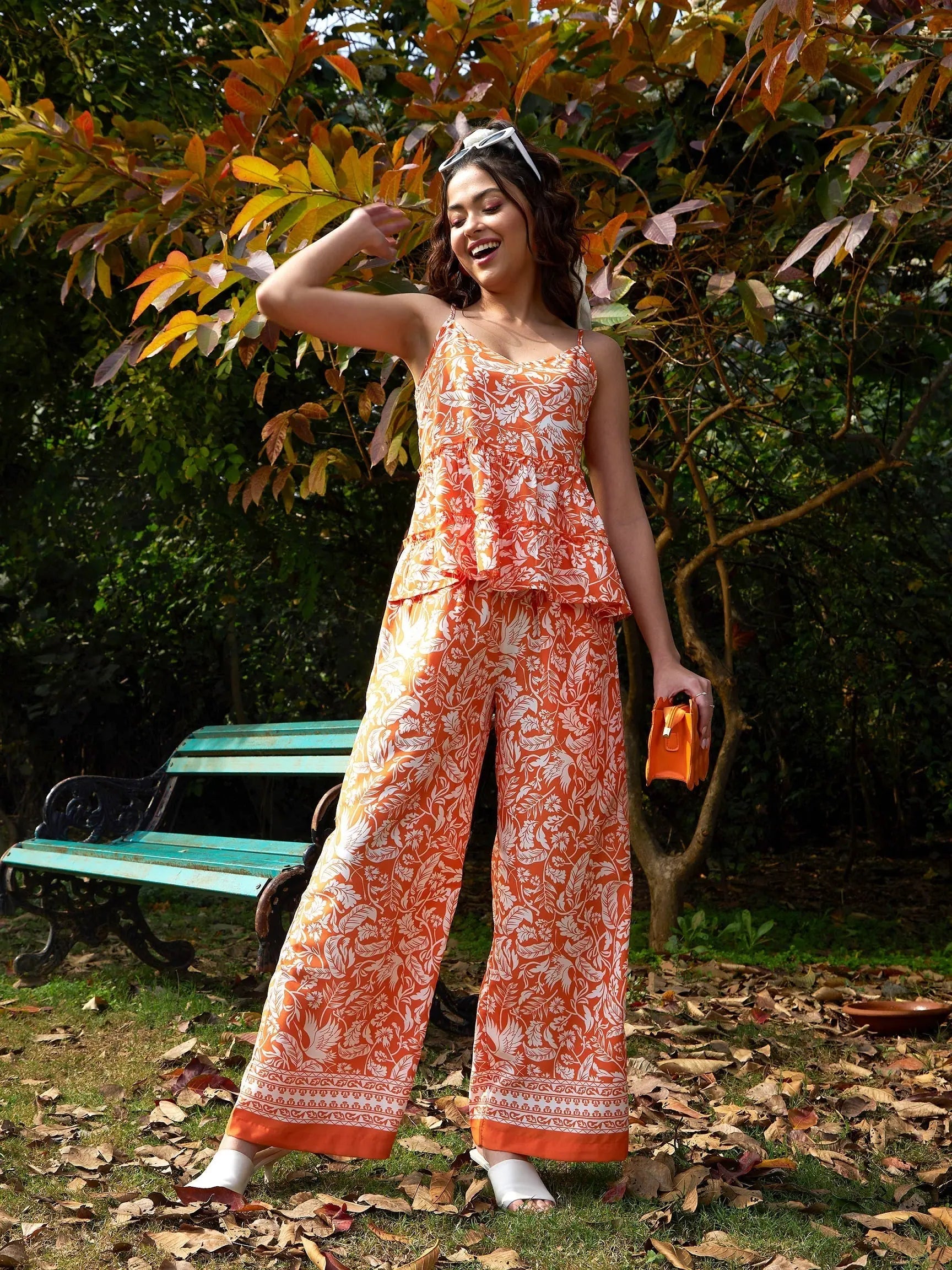 women's jumpsuits with belt loopsWomen Printed Standard Orange Jumpsuits & Sets