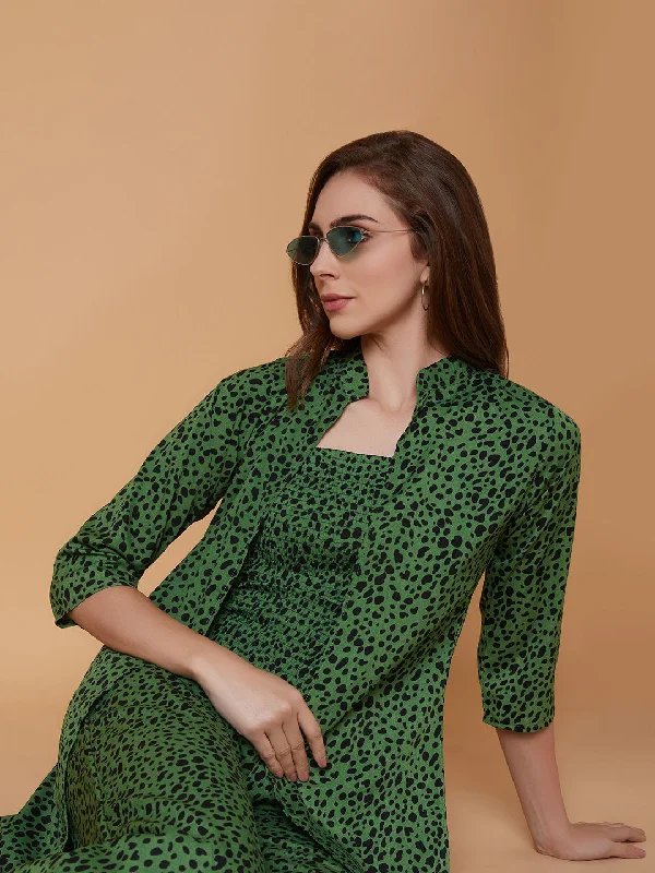 women's retro jumpsuitsWomen Printed Green Basic Jumpsuit with Shrug-AE-16028-Green