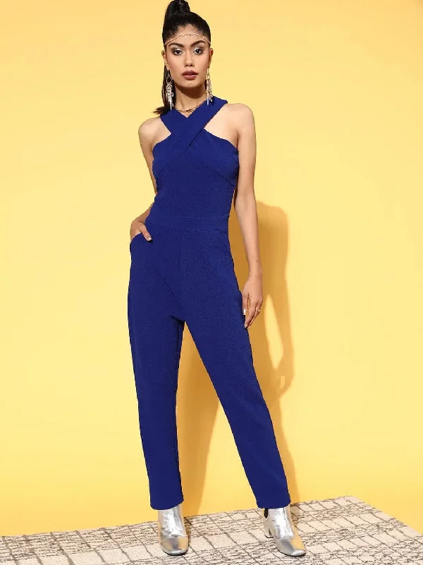 women's jumpsuits for petite womenWomen Solid Standard Blue Jumpsuits & Sets