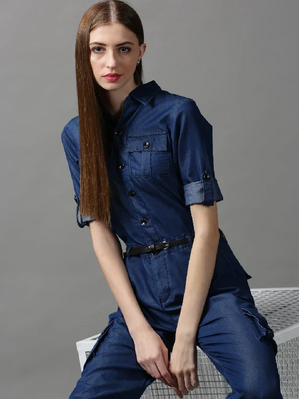 women's jumpsuits with buttonsWomen Shirt Collar Solid Navy Blue Basic Jumpsuit-LT-206-Navyblue