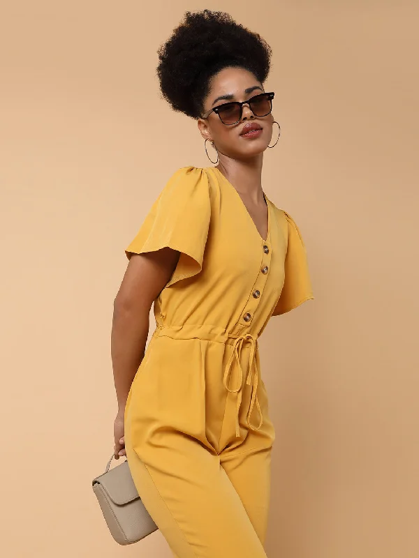 women's loose-fit jumpsuitsWomen V-Neck Solid Yellow Basic Jumpsuit-SH-7170-Yellow