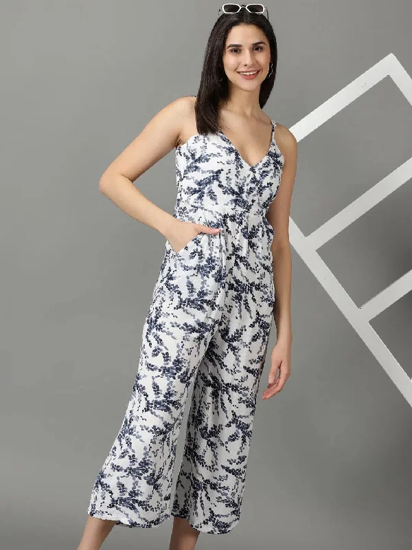 women's jumpsuits for fair-trade practicesWomen's White Printed Jumpsuit-AE-15888-Whitenavyblue