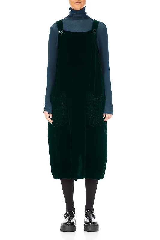 women's jumpsuits with self-ties at the waistRuched Pockets Emerald Silk Velvet Dungaree Dress