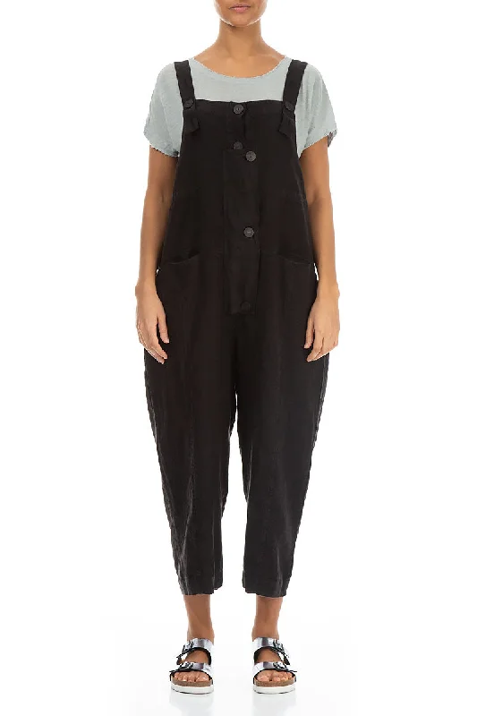 women's jumpsuits for minimalist fashionStrappy Black Linen Dungaree Jumpsuit