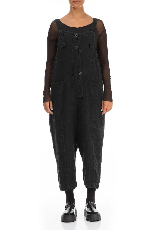 women's jumpsuits for date nightsStrappy Black Mélange Linen Dungaree Jumpsuit