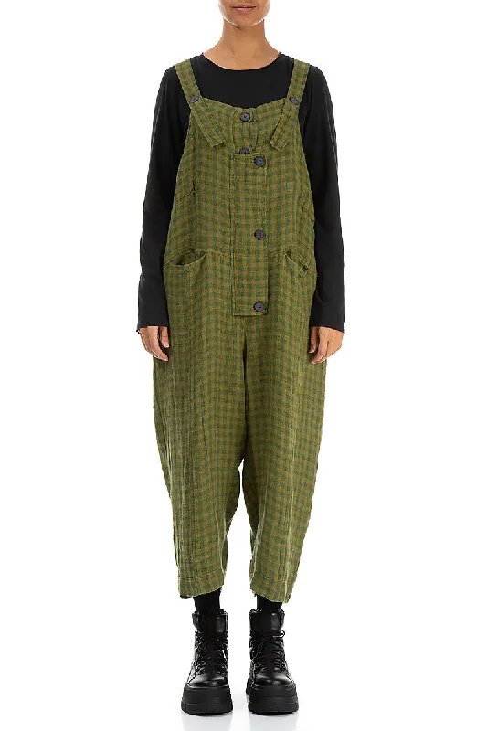 women's jumpsuits for winterStrappy Green Check Linen Dungaree Jumpsuit