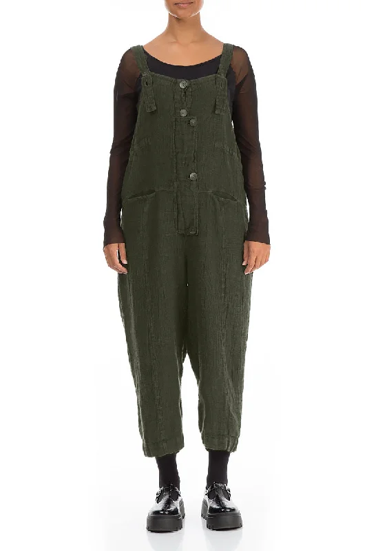 women's jumpsuits for beach outingsStrappy Olive Mélange Linen Dungaree Jumpsuit