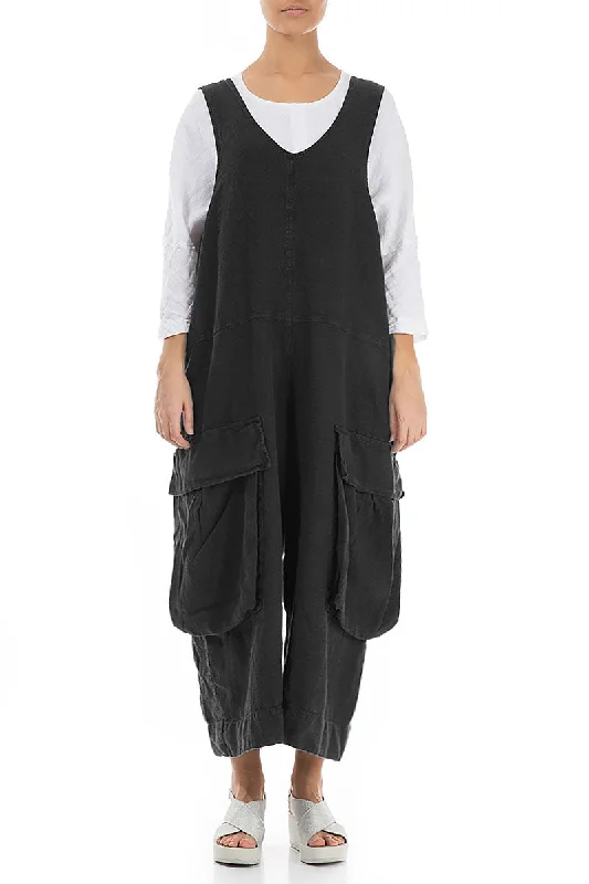 women's jumpsuits for curve-hugging stylesWide Loose Black Linen Jumpsuit